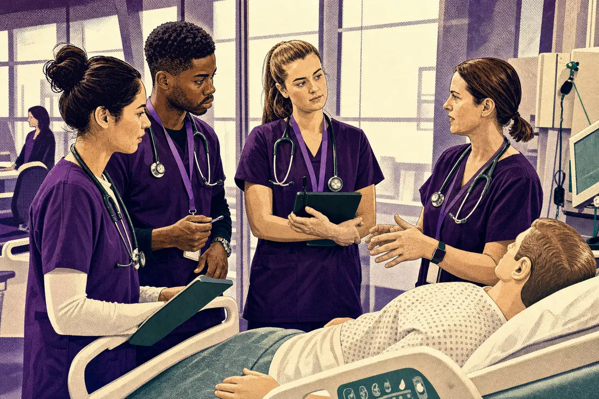 Healthcare students learning together in a clinical simulation lab