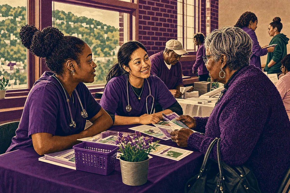 Nursing students listening to a community member at a neighborhood wellness event