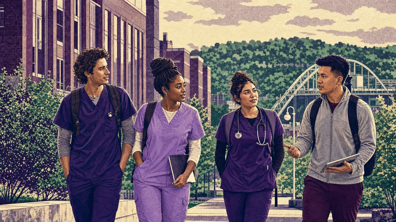 Medical and nursing students walking together on a Pittsburgh-area campus